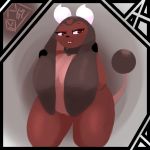  2019 artesjsc big_breasts bovid bovine breasts brown_body brown_eyes brown_skin curvy_figure digital_media_(artwork) fan_character female horn mammal miltank nintendo nude pok&eacute;mon pok&eacute;mon_(species) rocher_(nyquil) simple_background slightly_chubby solo thick_thighs video_games voluptuous wide_hips 