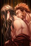  2boys back bara beard bite_mark biting black_hair closed_eyes facial_hair hair_over_eyes highres lalatia-meai male_focus multiple_boys muscle off_shoulder orange_hair red_hair rider_(fate/zero) shirtless sidelocks waver_velvet yaoi 