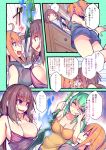  &gt;_&lt; 3girls animal_ears areola_slip areolae ass bare_shoulders barefoot black_hair blue_fire blush breast_press breasts cleavage commentary_request covered_nipples eyebrows_visible_through_hair fate/grand_order fate_(series) fire fujimaru_ritsuka_(female) green_hair horns kiyohime_(fate/grand_order) kiyohime_(swimsuit_lancer)_(fate) large_breasts long_hair multiple_girls multiple_horns nipple_slip nipples no_bra open_mouth orange_hair osakabe-hime_(fate/grand_order) polearm spear symmetrical_docking translation_request weapon wisespeak 
