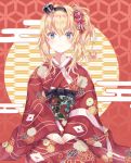  1girl bangs blonde_hair blush crown eyebrows_visible_through_hair floral_print hair_ornament hair_up hairband hands_on_lap highres japanese_clothes kantai_collection kimono long_hair long_sleeves mini_crown multicolored multicolored_eyes obi ponytail red_background sa-ya2 sash side_ponytail sidelocks smile solo warspite_(kantai_collection) wide_sleeves 