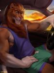  2020 anthro blue_eyes bottomwear bulge chunie claws clothing detailed_background digital_media_(artwork) felid hi_res in_car lion looking_at_viewer mafundi male mammal mane muscle_top muscular muscular_male pantherine shorts smile solo sunset 