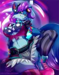  2019 anthro blue_body blue_eyes blue_fur bra breasts canid canine clothed clothing female footwear fox fur hair inuki legwear mammal midriff pepper_(paladins) purple_hair shoes solo thigh_highs underwear 