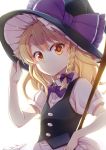  1girl apron black_vest blonde_hair bow braid broom commentary_request hair_bow hand_on_headwear hat hat_bow kirisame_marisa long_hair looking_at_viewer mikagami_hiyori shirt short_sleeves solo touhou translation_request upper_body vest white_background white_shirt witch_hat yellow_eyes 