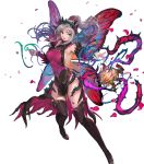  1girl bangs bare_shoulders boots breasts dress fairy_wings fire_emblem fire_emblem_heroes grey_hair hair_ornament highres large_breasts long_hair official_art pelvic_curtain plumeria_(fire_emblem) pointy_ears red_eyes shiny shiny_clothes shiny_hair shiny_skin sleeveless solo thigh_boots thighhighs thorns tied_hair transparent_background wings yoshiku_(oden-usagi) 