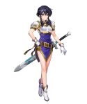  1girl bangs belt belt_pouch black_eyes black_hair blue_dress boots breastplate closed_mouth dress earrings fire_emblem fire_emblem:_genealogy_of_the_holy_war fire_emblem_heroes gloves hand_on_hip highres jewelry larcei_(fire_emblem) looking_at_viewer mayachise official_art pouch shiny shiny_hair short_dress short_hair shoulder_armor shoulder_pads sidelocks smile solo sword transparent_background weapon white_footwear white_gloves 