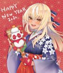  0w0_nyaaa 1girl 2020 alternate_costume animal_costume bangs blonde_hair blush checkered dark_skin elf eyebrows_visible_through_hair floral_print gloves hair_between_eyes highres hololive japanese_clothes kagami_mochi kintsuba_(flare_channel) long_hair new_year official_alternate_costume open_mouth orange_eyes panda_costume pointy_ears red_gloves shiranui_flare tongue upper_teeth virtual_youtuber 