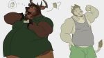  ? anthro antlers belly big_belly bodily_fluids brown_body brown_fur bulge cervid cervine clothed clothing duo eating fantasizing felid flexing food fur gehart hand_on_hip holding_food holding_object horn hungry khenduuurable licking licking_lips lion male mammal mane moobs muscular muscular_male nipples obese obese_male open_mouth open_smile overweight overweight_male pantherine pictographics pie red_deer smile sweat sweatdrop tail_tuft tan_body tan_fur thought_bubble tongue tongue_out tuft 