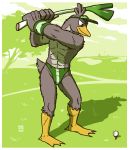  abs anthro beak bulge clothed clothing farfetch&#039;d golf golf_ball golf_course green_clothing holding_object looking_down male megawolf77 nintendo pok&eacute;mon pok&eacute;mon_(species) solo video_games yellow_beak 
