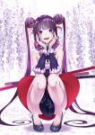  1girl bangs bare_shoulders black_dress black_footwear blunt_bangs c_nov00 character_request double_bun dress fate/grand_order fate_(series) fur_trim hair_bun highres long_hair looking_at_viewer open_mouth petals purple_eyes purple_hair smile solo squatting teeth tongue weapon 