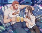  2boys beard beer_mug black_hair casual cheekbones cigarette confetti couch facial_hair fate/grand_order fate_(series) holding holding_cigarette lalatia-meai lord_el-melloi_ii male_focus multiple_boys one_eye_closed red_eyes red_hair rider_(fate/zero) shirt sidelocks sitting t-shirt waver_velvet 