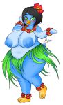  accessory alyrise anthro avian beak big_breasts bird black_hair blue_body blue_feathers blue_nipples breasts clothed clothing dancing feathers female flipper_hands flower flower_in_hair grass_skirt green_eyes hair hair_accessory hula lei nipples overweight penguin plant simple_background solo topless white_background 