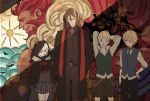  1girl 3boys blonde_hair blue_eyes book brown_hair fate_(series) flat_eskardos gray_(lord_el-melloi_ii) green_eyes grey_hair highres holding holding_book hood lalatia-meai long_coat long_hair lord_el-melloi_ii lord_el-melloi_ii_case_files multiple_boys mural pleated_skirt rider_(fate/zero) shorts skirt smile stole svin_glascheit vest waistcoat waver_velvet 