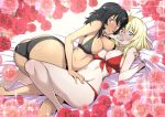  2girls andou_(girls_und_panzer) ass bikini black_bikini black_hair blonde_hair blue_eyes blush breasts brown_eyes cleavage closed_mouth eyebrows_visible_through_hair flower girls_und_panzer groin hand_on_another&#039;s_thigh hidden_mouth hug interrupted large_breasts looking_at_viewer looking_to_the_side medium_hair multiple_girls nakahira_guy navel oshida_(girls_und_panzer) red_bikini rose shiny shiny_hair short_hair sweat swimsuit swimwear yuri 