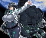  1girl aqua_eyes black_bodysuit black_hair blush bodysuit breasts cameltoe gundam gundam_build_divers gundam_build_divers_re:rise impossible_bodysuit impossible_clothes large_breasts long_hair looking_at_viewer may_(gundam_build_divers_re:rise) outstretched_arm shiny shiny_hair shiny_skin shrug_(clothing) skin_tight solo standing wodom_pod yutakamehi 