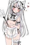  1girl alternate_costume amatsukaze_(kantai_collection) apron bangs black_bra black_panties blush bra breasts chigasaki_y duster enmaided feather_duster frills heart highres holding holding_duster kantai_collection long_hair maid orange_eyes panties see-through side-tie_panties silver_hair simple_background small_breasts smile solo thigh_strap underwear waist_apron white_apron white_background 