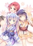  3girls :d ;q arm_up bangs blue_eyes blue_hair blush brown_eyes chimame-tai closed_mouth commentary_request double_bun eyebrows_visible_through_hair floral_background gochuumon_wa_usagi_desu_ka? hair_between_eyes highres japanese_clothes jouga_maya kafuu_chino kimono kimono_skirt long_hair long_sleeves looking_at_viewer looking_to_the_side multiple_girls na!?_(naxtuyasai) natsu_megumi obi one_eye_closed open_mouth parted_lips red_eyes red_hair sash sitting sleeves_past_wrists smile thighhighs tippy_(gochiusa) tongue tongue_out twintails v white_kimono white_legwear wide_sleeves 