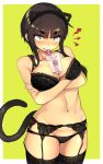  1girl absurdres black_bra black_legwear black_panties blush bra breasts brown_eyes brown_hair cat cat_tail commentary_request drinking_straw eyebrows_visible_through_hair highres jovejun large_breasts looking_at_viewer navel new_year original panties short_hair short_hair_with_long_locks sidelocks simple_background solo tail thick_eyebrows thighhighs tsubomioka_happa underwear white_background yellow_background 