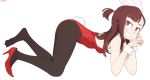  1girl absurdres animal_ears artist_name ass bare_shoulders black_legwear blush breasts brown_hair bunny_ears bunny_girl bunny_tail bunnysuit eyebrows_visible_through_hair highres kagari_atsuko leotard little_witch_academia long_hair looking_at_viewer looking_to_the_side once_11h pantyhose paw_pose ponytail red_eyes red_leotard shiny shiny_hair short_ponytail simple_background small_breasts smile solo tail top-down_bottom-up white_background 