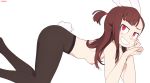  1girl animal_ears artist_name ass black_legwear blush breasts brown_hair bunny_ears bunny_girl bunny_tail eyebrows_visible_through_hair hanging_breasts highres kagari_atsuko little_witch_academia long_hair looking_at_viewer looking_to_the_side nipples no_bra once_11h pantyhose paw_pose ponytail red_eyes shiny shiny_hair short_ponytail simple_background small_breasts smile solo tail top-down_bottom-up topless white_background 
