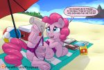  2020 anus beach bikini blue_eyes camel_toe clothing dialogue disembodied_hand duo earth_pony english_text equid equine female feral friendship_is_magic fur horse human lying male male/female mammal my_little_pony on_side open_mouth pink_body pink_fur pinkie_pie_(mlp) pony pregnant pusspuss seaside speech_bubble swimwear teats teeth text tongue undressing 