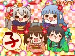  2020 4girls :3 alternate_costume amatsukaze_(kantai_collection) animal bangs black_eyes black_hair blue_hair blush brown_hair chibi colorful flower fur_collar gradient_hair hair_flower hair_ornament hatsukaze_(kantai_collection) headgear japanese_clothes kantai_collection kimono long_hair multicolored multicolored_background multicolored_hair multiple_girls new_year obi open_mouth sash short_hair short_hair_with_long_locks silver_hair tokitsukaze_(kantai_collection) two_side_up wide_sleeves yukikaze_(kantai_collection) yumaru_(marumarumaru) 