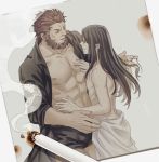  2boys bara beard black_hair boxer_briefs brown_hair cigarette dress_shirt facial_hair fate/zero fate_(series) lalatia-meai long_hair lord_el-melloi_ii male_focus multiple_boys muscle naked_towel open_clothes open_shirt photo_(object) playing_with_another&#039;s_hair red_hair rider_(fate/zero) shirt size_difference smoke time_paradox towel waver_velvet yaoi 