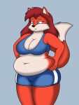 4_fingers animated belly black_nose blue_eyes bottomwear bra canid canine clothed clothing female fingers fox hair lordstormcaller mammal navel overweight overweight_female pouty simple_background solo thick_thighs underwear 