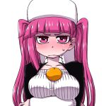  1girl bleach blush breasts closed_mouth commentary_request dokugamine_riruka food fruit hanya_(hanya_yashiki) large_breasts long_hair looking_at_viewer orange purple_eyes purple_hair simple_background solo twintails 