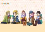  5girls :d blonde_hair blue_eyes blue_hair blue_jacket boots braid brown_hair brown_jacket buttons closed_eyes coat cookie cup denim dog eyebrows_visible_through_hair fang food glasses green_eyes green_jacket hat highres holding holding_cookie holding_cup inuyama_aoi jacket jeans kagamihara_nadeshiko knees_together knees_up long_bangs long_hair mug multiple_girls official_art oogaki_chiaki open_mouth pants pantyhose pink_hair purple_eyes saitou_ena scarf shima_rin short_hair simple_background sitting smile steam sweater wariza winter_clothes winter_coat yellow_jacket yurucamp zipper 