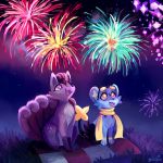  ambiguous_gender eyewear feral fireworks geckozen glasses jaki-kun_(character) night nintendo pok&eacute;mon pok&eacute;mon_(species) scarf shinx video_games vulpix 