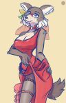  2019 5_fingers accessory anthro beastars black_nose blue_eyes breasts brown_body brown_fur canid canine canis claws cleavage clothed clothing dress female fingers fur garter hi_res juno_(beastars) leg_garter makeup mammal multicolored_body multicolored_fur nexcoyotlgt simple_background smile solo standing two_tone_body two_tone_fur white_body white_fur wolf 