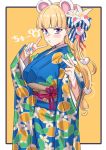  1girl animal_ears bangs blonde_hair blue_bow blue_eyes blue_kimono blue_nails blush bow breasts chinese_zodiac cowboy_shot fake_animal_ears floral_print flower food_print hair_bow hair_flower hair_ornament highres japanese_clothes kimono large_breasts lina_(michihasu) long_hair looking_at_viewer michihasu mouse_ears multicolored multicolored_eyes nail_polish new_year obi original pink_eyes pink_nails sash simple_background solo v wide_sleeves year_of_the_rat yellow_background 