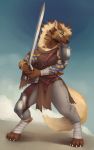  abstract_background bandage bodypaint bottomwear claws clothing female gnoll hyaenid mammal mane melee_weapon merrunz pants solo standing striped_hyena sword weapon yellow_eyes 