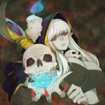  1girl bangs blue_fire breasts candle cleavage dungeon_maker fire holding holding_skull holding_staff hood large_breasts long_hair looking_at_viewer magic masato_(mirai_koubou) pale_skin pointy_ears rebecca_(dungeon_maker) red_eyes skull solo staff wax white_hair 