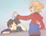  2boys black_gloves black_hair blonde_hair bottle brown_eyes gloves green_eyes half_updo hood hoodie katsuki_yuuri male_focus multiple_boys one_eye_closed open_mouth smile snowchild water_bottle yuri!!!_on_ice yuri_plisetsky 