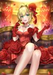  1girl absurdres ahoge asagi_futsuka bangs bare_shoulders blonde_hair blush breasts cleavage commentary_request dress eyebrows_visible_through_hair fate/grand_order fate_(series) flower gloves green_eyes hair_flower hair_intakes hair_ornament hair_ribbon highres jewelry large_breasts looking_at_viewer necklace nero_claudius_(fate) nero_claudius_(fate)_(all) open_mouth red_dress red_flower red_gloves red_rose ribbon rose sitting smile solo 