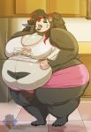  &lt;3 2019 4_toes absurd_res anthro belly belly_overhang beverage big_belly big_breasts biped black_body black_fur black_hair bottomwear breasts cleavage clothed clothing crop_top cup curvy_figure deep_navel digital_media_(artwork) english_text eyelashes eyes_closed female fur giant_panda hair hair_over_eye hello_kitty hi_res holding_object huge_breasts huge_thighs inside kitchen lips mammal markings midriff multicolored_body multicolored_fur multicolored_hair navel obese obese_female one_eye_obstructed open_mouth overweight overweight_female red_hair sanrio shirt shorts solo takarachan teeth text thick_bottom_lip thick_thighs toes topwear two_tone_body two_tone_fur two_tone_hair ursid voluptuous white_body white_fur wide_hips xin_valentine yawn 