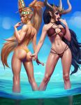  abs big_breasts bikini black_hair blonde_hair blue_eyes breasts butt butt_grab clothing duo elf evulchibi female female/female hair hand_on_butt humanoid long_hair looking_at_viewer looking_back not_furry outside partially_submerged ponytail swimwear warhammer_(franchise) warhammer_fantasy 