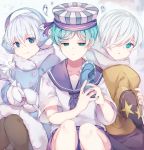  3boys black_legwear blue_coat blue_eyes blue_hair blue_shorts brown_headwear cookie_run earmuffs glint hair_over_one_eye hat hat_removed headwear_removed highres holding holding_staff holding_wand male_focus multiple_boys nyaruin paper_boat_sailor peppermint_cookie school_uniform serafuku shorts silver_hair simple_background sitting smile snow_sugar_cookie snowflakes staff star wand white_hair wizard_cookie wizard_hat 