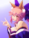  1girl animal_ear_fluff animal_ears armor blue_kimono blue_ribbon breast_press breasts cleavage commentary commentary_request eyebrows_visible_through_hair fate/extra fate/grand_order fate_(series) fox fox_ears fox_girl fox_shadow_puppet gradient gradient_background hair_ribbon hand_gesture haruhishugi highres japanese_armor japanese_clothes kimono large_breasts looking_at_viewer looking_to_the_side open_mouth pink_hair ribbon shadow_puppet sign_language solo tamamo_(fate)_(all) tamamo_no_mae_(fate) yellow_eyes 