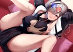  1girl :d animal_ears arknights armpits arms_up bangs bare_shoulders black_dress black_hair blush breast_grab breasts china_dress chinese_clothes cleavage cleavage_cutout couch dearonnus disembodied_limb dress eyebrows_visible_through_hair eyewear_on_head feater_(arknights) grabbing hair_over_one_eye large_breasts legs_up long_hair long_sleeves multicolored_hair no_bra nose_blush open_mouth pillow red_eyes silver_hair sitting smile spread_legs sunglasses thighs 