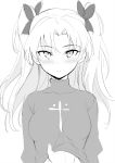  1girl absurdres bangs blush breasts ereshkigal_(fate/grand_order) eyebrows_visible_through_hair fate/grand_order fate_(series) greyscale hand_under_clothes highres kyokucho long_hair medium_breasts monochrome parted_bangs parted_lips pov simple_background sketch solo_focus sweat sweater two_side_up upper_body white_background 