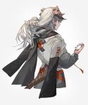  1girl absurdres adjusting_hair alternate_hairstyle arknights black_scarf highres horns ifrit_(arknights) jacket long_hair long_sleeves ornament scarf silver_hair solo tail wulifeng 