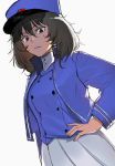  1girl andou_(girls_und_panzer) bangs bc_freedom_(emblem) bc_freedom_military_uniform black_hair blue_headwear blue_jacket blue_vest brown_eyes closed_mouth dark_skin dress_shirt dutch_angle emblem frown girls_und_panzer girls_und_panzer_saishuushou hand_on_hip hat high_collar jacket kepi long_sleeves looking_at_viewer medium_hair messy_hair military military_hat military_uniform pleated_skirt shirt skirt solo standing thym_(pruj7878) uniform vest white_shirt white_skirt 