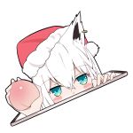  1girl alset animal_ear_fluff animal_ears bangs blush_stickers cellphone dutch_angle ear_piercing eyebrows_visible_through_hair food fox_ears fruit fur-trimmed_hat green_eyes hair_between_eyes hat holding holding_food hololive peach peeking_out phone piercing red_headwear santa_hat shirakami_fubuki simple_background solo tilted_headwear virtual_youtuber white_background 