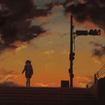  1girl absurdres closed_eyes cloud cloudy_sky evening highres jacket kensight328 original railing scarf short_hair sky socks solo stairs sunset traffic_light 