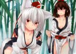  2girls absurdres ahoge animal_ears bamboo bamboo_forest bent_over black_hair blush breasts cleavage collarbone detached_sleeves forest hat heavy_breathing highres huge_filesize inubashiri_momiji kourindou_tengu_costume large_breasts looking_at_viewer medium_breasts multiple_girls nature naughty_face obi open_mouth outdoors pom_pom_(clothes) red_eyes red_sash sash shameimaru_aya shirokaba114 short_hair silver_hair smile sweat tail tokin_hat touhou upper_body wolf_ears wolf_tail 