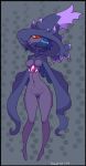  2019 blush bottomless breasts butt_from_the_front camel_toe clothed clothing digital_media_(artwork) featureless_breasts female ghost hair hat headgear headwear humanoid mismagius navel nintendo owo pok&eacute;mon pok&eacute;mon_(species) purple_body purple_hair pussy_tape red_eyes robotjoe simple_background solo spirit video_games yellow_sclera 
