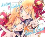  1boy 1girl 2019 bangs bare_shoulders black_collar black_sleeves blonde_hair blue_eyes bow character_name collar commentary crop_top crown dated detached_sleeves grin hair_bow hair_ribbon happy_birthday headphones headset highres kagamine_len kagamine_rin kouhara_yuyu looking_at_viewer neckerchief one_eye_closed open_mouth red_ribbon ribbon sailor_collar school_uniform shirt short_hair short_sleeves sleeveless sleeveless_shirt smile spiked_hair swept_bangs upper_body v vocaloid white_background white_shirt yellow_neckwear 