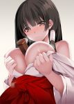  1girl areolae bangs bare_shoulders between_breasts black_hair blush breast_squeeze breasts breath brown_eyes closed_mouth eyebrows_visible_through_hair hair_tubes hakama highres japanese_clothes large_breasts long_hair looking_at_viewer machimura_komori miko no_bra nose_blush omikuji open_clothes open_shirt original red_hakama shirt simple_background solo sweat upper_body white_background white_shirt wide_sleeves 